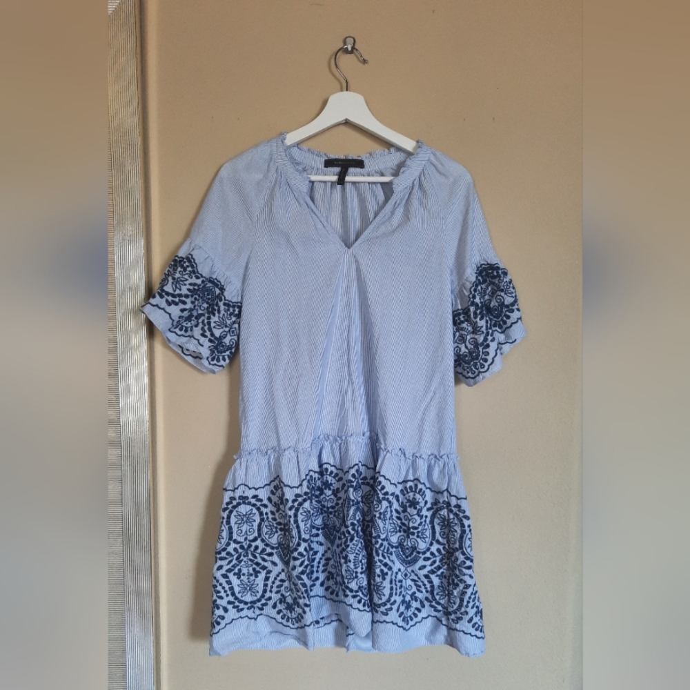Bcbg Maxazria Blue Vertical Stripe Embroidered Eyelet Dress Boho Coastal Cowgirl